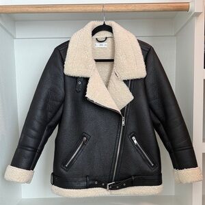 Mango Cream Shearling Aviator Jacket